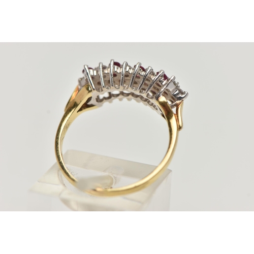 57 - AN 18CT GOLD RUBY AND DIAMOND CLUSTER RING, designed as three rows of alternating round brilliant cu... 