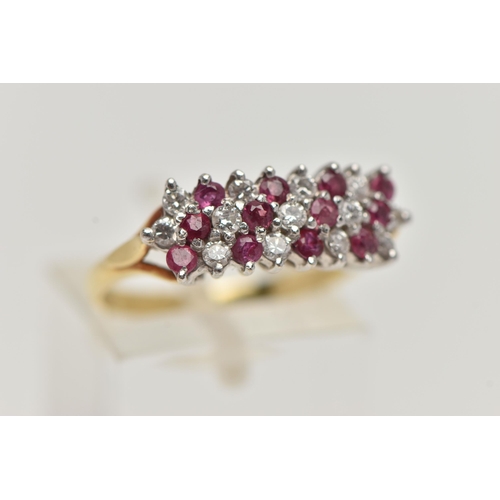 57 - AN 18CT GOLD RUBY AND DIAMOND CLUSTER RING, designed as three rows of alternating round brilliant cu... 