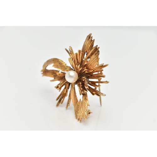 59 - A 9CT GOLD ABSTRACT PEARL BROOCH, textured abstract brooch set with a single cultured pearl to the c... 