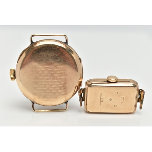 60 - TWO MID 20TH CENTURY, 9CT GOLD WATCHES, the first a manual wind watch of a rectangular form, silver ... 