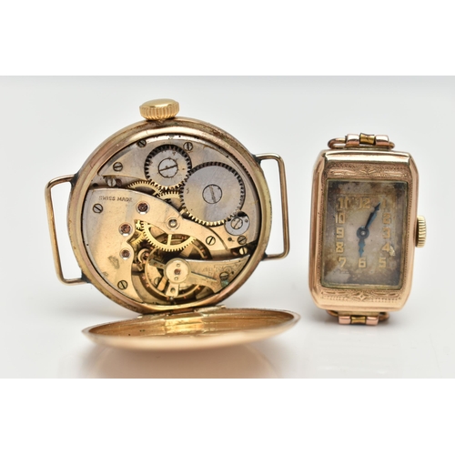 60 - TWO MID 20TH CENTURY, 9CT GOLD WATCHES, the first a manual wind watch of a rectangular form, silver ... 