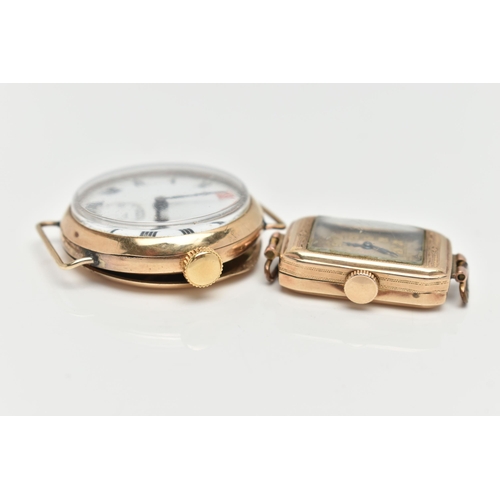 60 - TWO MID 20TH CENTURY, 9CT GOLD WATCHES, the first a manual wind watch of a rectangular form, silver ... 