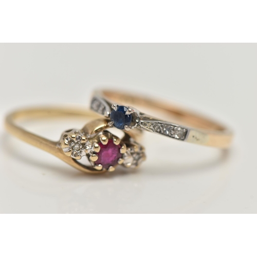 66 - TWO 9CT GOLD GEM SET RINGS, the first set with a central, circular cut blue sapphire, to the single ... 