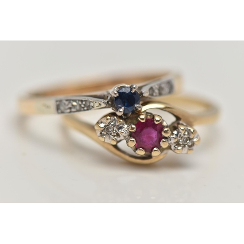 66 - TWO 9CT GOLD GEM SET RINGS, the first set with a central, circular cut blue sapphire, to the single ... 