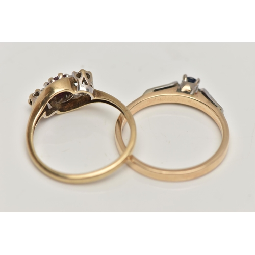 66 - TWO 9CT GOLD GEM SET RINGS, the first set with a central, circular cut blue sapphire, to the single ... 