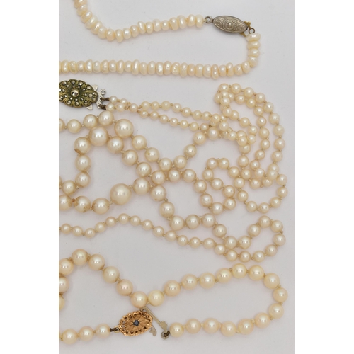 67 - THREE CULTURED PEARL NECKLACES, to include a single row of graduated cultured pearls, measuring appr... 