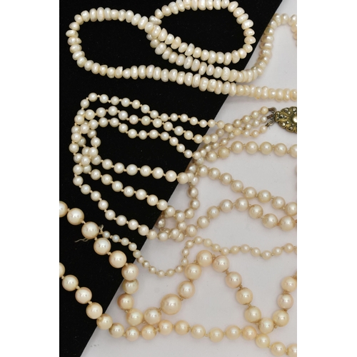 67 - THREE CULTURED PEARL NECKLACES, to include a single row of graduated cultured pearls, measuring appr... 