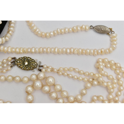 67 - THREE CULTURED PEARL NECKLACES, to include a single row of graduated cultured pearls, measuring appr... 