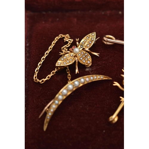 72 - THREE EARLY 20TH CENTURY BROOCHES, the first a double brooch comprises of a bee and crescent, set wi... 