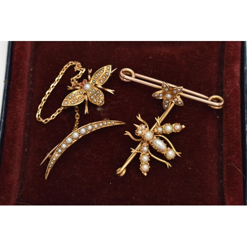 72 - THREE EARLY 20TH CENTURY BROOCHES, the first a double brooch comprises of a bee and crescent, set wi... 