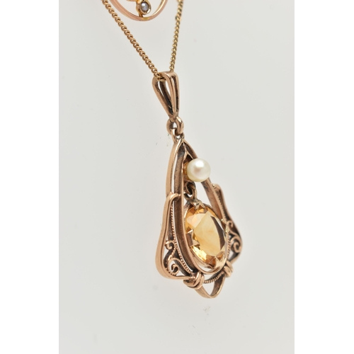 74 - TWO EARLY 20TH CENTURY NECKLACES AND A 9CT GOLD NECKLACE, the first an art deco rose metal and perid... 