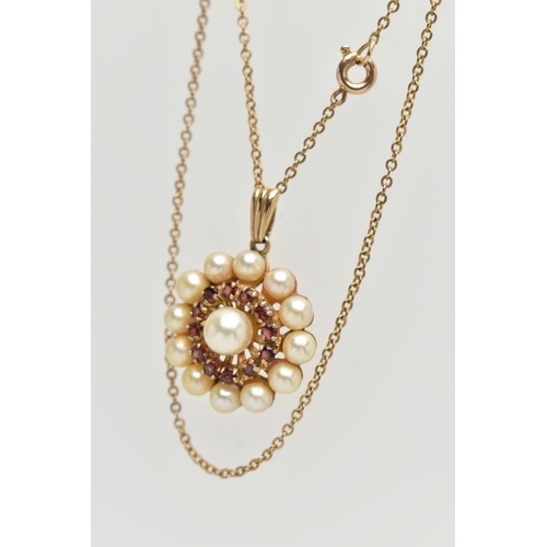 75 - A 9CT GOLD CULTURED PEARL AND GARNET CLUSTER NECKLACE, a principle cultured pearl, set with a surrou... 