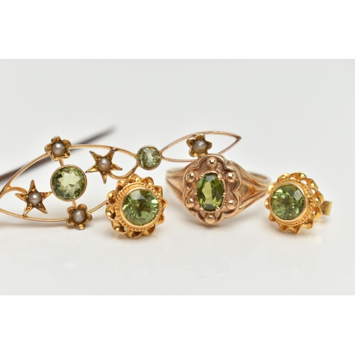 76 - A SMALL ASSORTMENT OF PERIDOT SET JEWELLERY, to include a 9ct gold ring set with an oval cut peridot... 