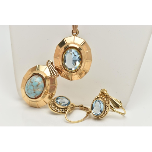 79 - TWO 9CT GOLD GEM SET PENDANTS AND A PAIR OF EARRINGS, the first pendant set with an oval cut topaz, ... 