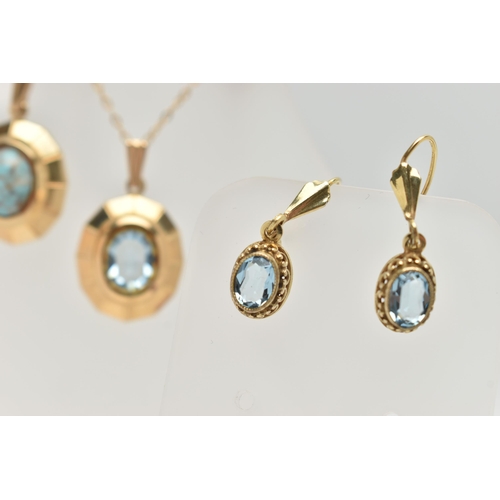 79 - TWO 9CT GOLD GEM SET PENDANTS AND A PAIR OF EARRINGS, the first pendant set with an oval cut topaz, ... 