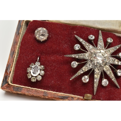 80 - A SMALL ASSORTMENT OF PASTE JEWELLERY, to include a white metal and paste star brooch, fitted with a... 