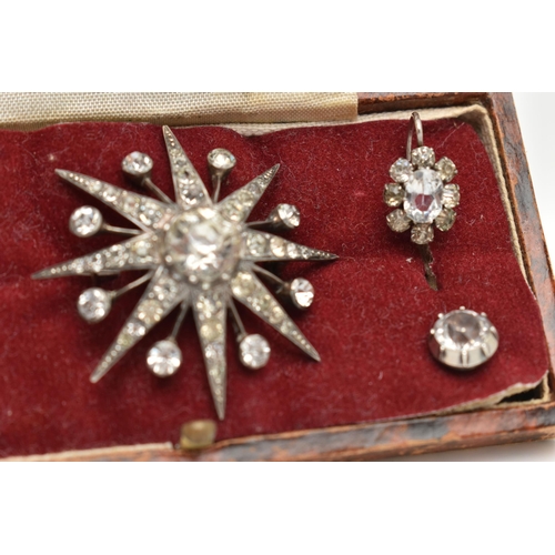 80 - A SMALL ASSORTMENT OF PASTE JEWELLERY, to include a white metal and paste star brooch, fitted with a... 