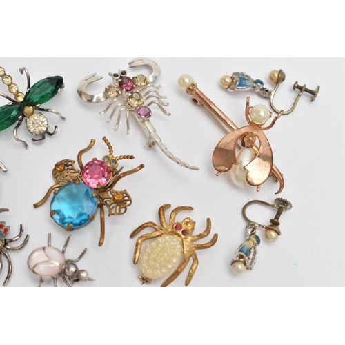 84 - AN ASSORTMENT OF INSECT BROOCHES, a selection of eight white and base metal brooches in forms such a... 