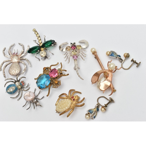 84 - AN ASSORTMENT OF INSECT BROOCHES, a selection of eight white and base metal brooches in forms such a... 