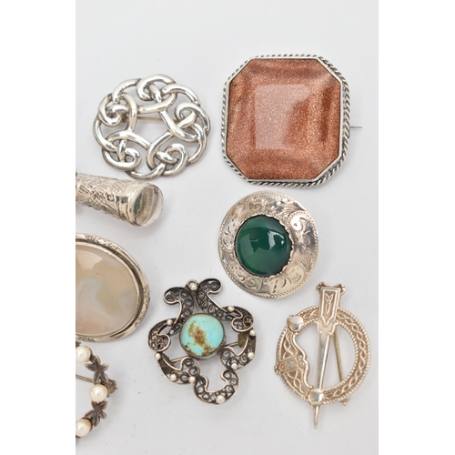 87 - AN ASSORTMENT OF SCOTTISH AND GEM SET BROOCHES, to include a silver open work brooch hallmarked 'F.N... 