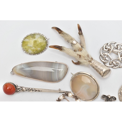 87 - AN ASSORTMENT OF SCOTTISH AND GEM SET BROOCHES, to include a silver open work brooch hallmarked 'F.N... 