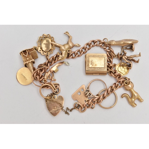 9 - A 9CT GOLD CHARM BRACELET, curb link bracelet, each link stamped 9.375, fitted with thirteen charms ... 