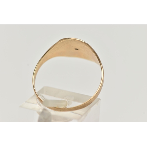 93 - A 9CT GOLD SIGNET RING, round square form, set with a central single cut diamond, in a star setting,... 