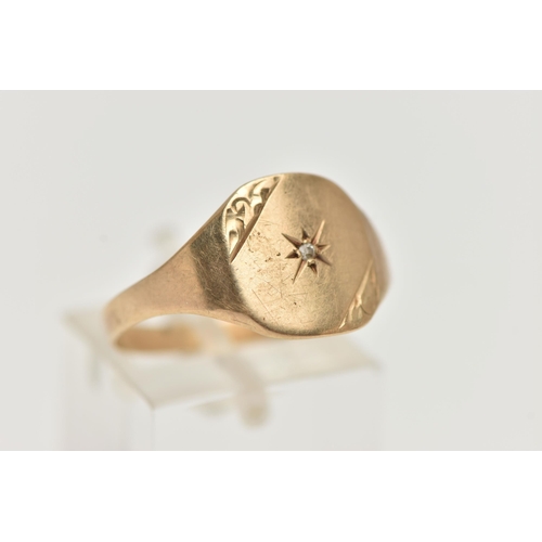 93 - A 9CT GOLD SIGNET RING, round square form, set with a central single cut diamond, in a star setting,... 