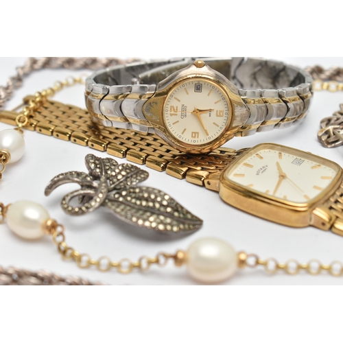 99 - ASSORTED JEWELLERY AND WATCHES, to include a silver marcasite floral brooch, stamped silver, hallmar... 