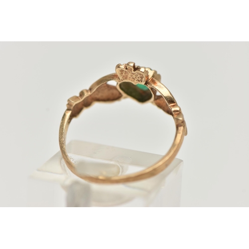 127 - A 9CT GOLD GEM SET CLADDAGH RING, the heart shape green gem, assessed as dyed chalcedony to the clad... 