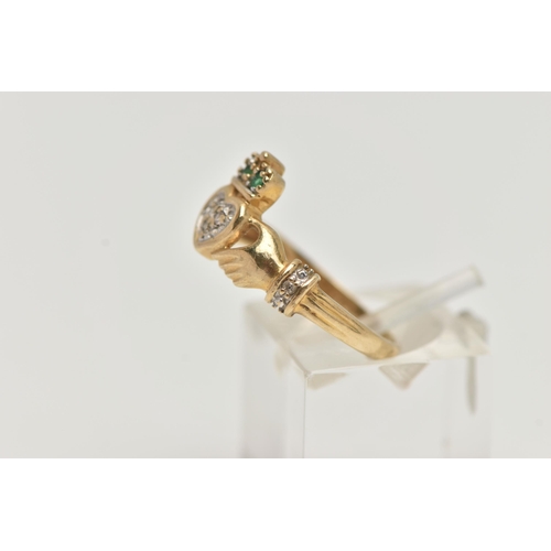 128 - A 9CT GOLD GEM SET CLADDAGH RING, the heart shape set with three brilliant cut diamonds, the crown s... 