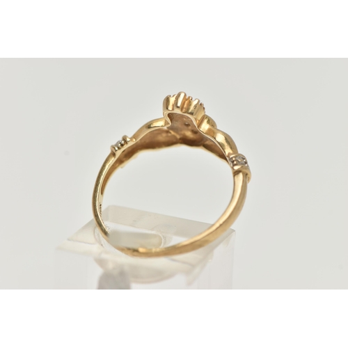 128 - A 9CT GOLD GEM SET CLADDAGH RING, the heart shape set with three brilliant cut diamonds, the crown s... 