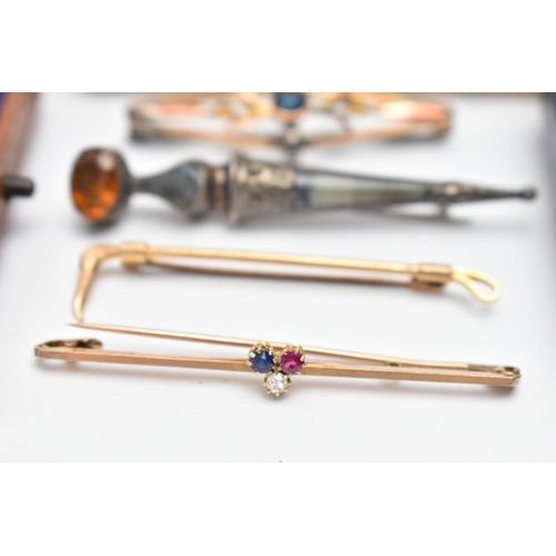 130 - FOUR EARLY 20TH CENTURY BROOCHES, the first a bar brooch centrally set with a circular pink and blue... 
