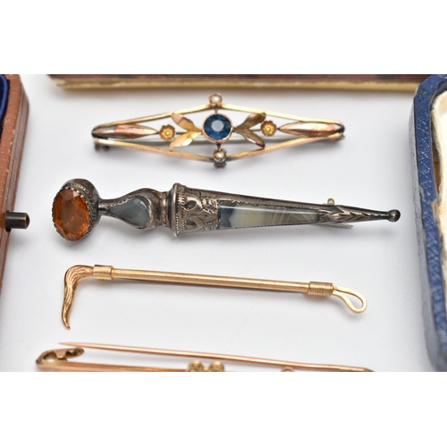 130 - FOUR EARLY 20TH CENTURY BROOCHES, the first a bar brooch centrally set with a circular pink and blue... 