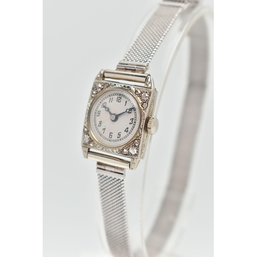 131 - AN EARLY 20TH CENTURY COCKTAIL WATCH, the 18ct case circular face within a square shape surround set... 