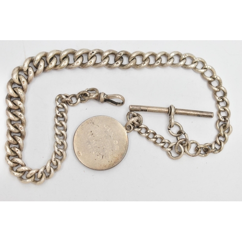 133 - AN EARLY 20TH CENTURY SILVER ALBERT CHAIN, the graduated curb link chain with lobster clasp terminal... 