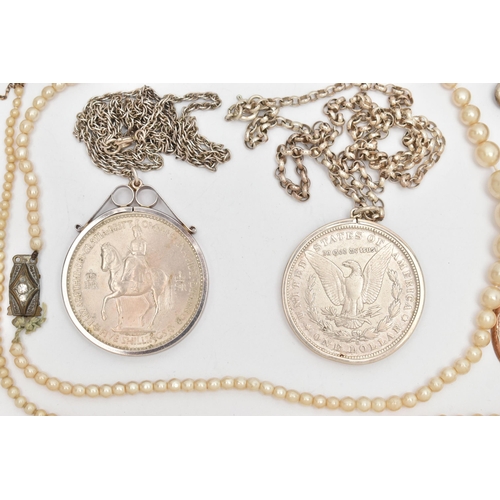 135 - A SELECTION OF JEWELLERY, to include two commemorative coin pendants, two imitation pearl necklaces,... 