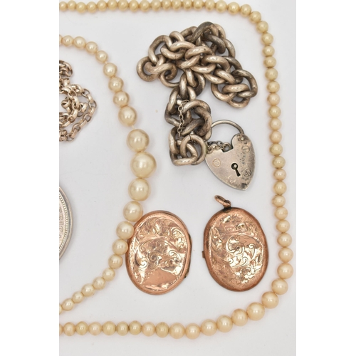 135 - A SELECTION OF JEWELLERY, to include two commemorative coin pendants, two imitation pearl necklaces,... 