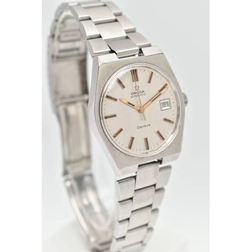 136 - AN OMEGA WRISTWATCH, the circular brushed silver coloured face, with baton markers, date aperture, l... 