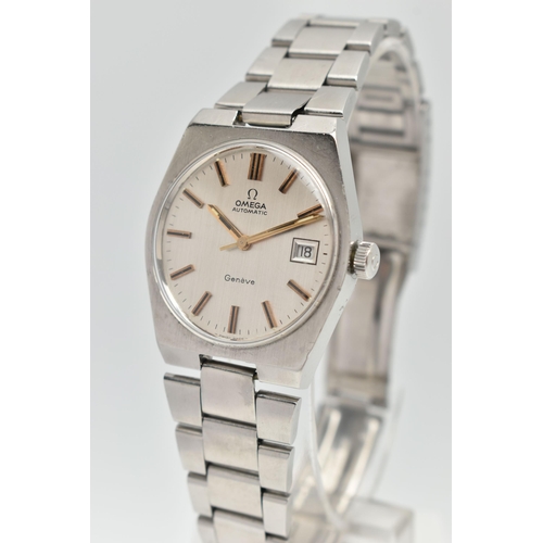 136 - AN OMEGA WRISTWATCH, the circular brushed silver coloured face, with baton markers, date aperture, l... 