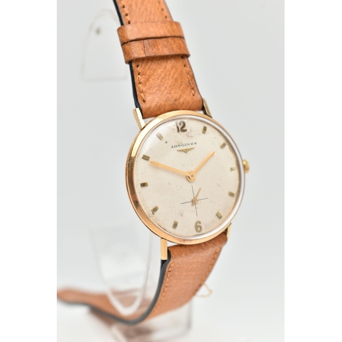 137 - A LONGINES WRISTWATCH, the circular face with cream coloured dial, baton and Arabic markers, subsidi... 