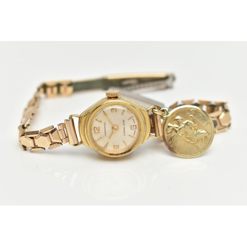 140 - A LADYS 'INGERSOLL' WRISTWATCH AND A YELLOW METAL CHARM, hand wound movement, round dial signed 'Ing... 