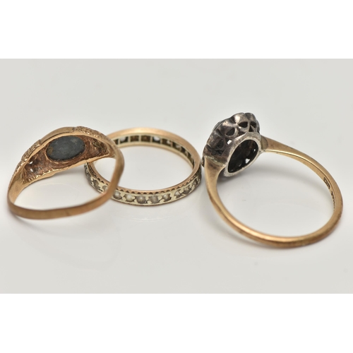 142 - THREE GEM SET RINGS, to include an AF 9ct gold hematite intaglio signet ring, open work detailed sho... 