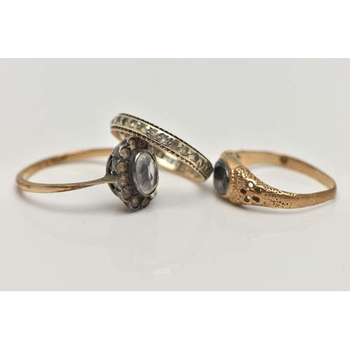 142 - THREE GEM SET RINGS, to include an AF 9ct gold hematite intaglio signet ring, open work detailed sho... 