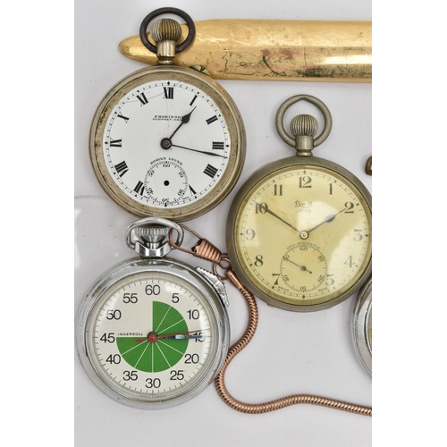 143 - FOUR POCKET WATCHES, A STOP WATCH AND A NOVELTY CLOCK LETTER OPENER, to include a novelty manual win... 