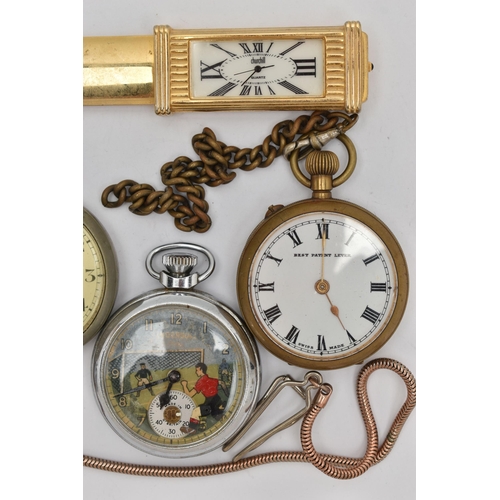 143 - FOUR POCKET WATCHES, A STOP WATCH AND A NOVELTY CLOCK LETTER OPENER, to include a novelty manual win... 