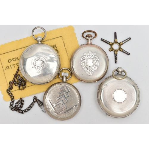 145 - TWO SILVER POCKET WATCHES AND TWO OTHERS, to include a mid-20th century silver open face pocket watc... 