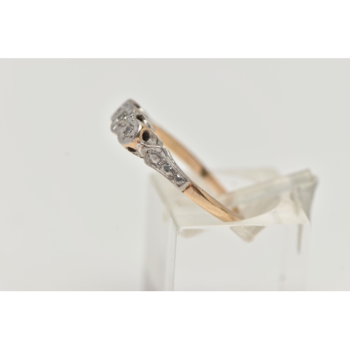 149 - A 9CT THREE STONE DIAMOND RING, set with three single cut diamonds each illusion set, in a white met... 