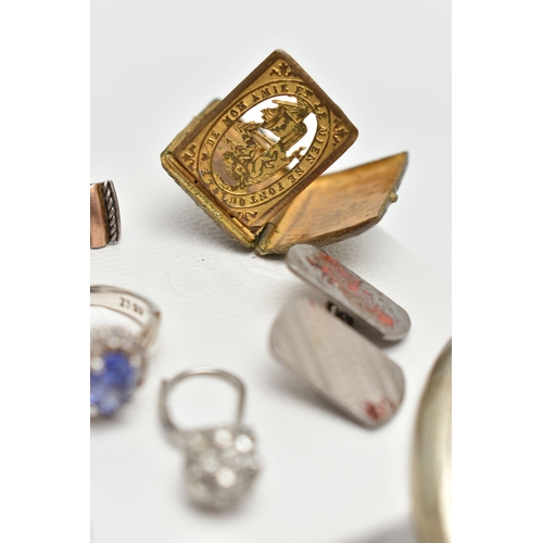 150 - A BOX OF ASSORTED ITEMS, to include a silver nurses belt buckle, hallmarked 'Adie & Lovekin Ltd' Bir... 