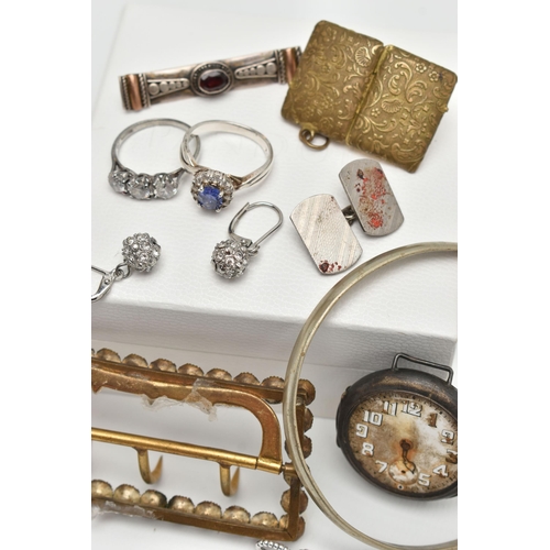 150 - A BOX OF ASSORTED ITEMS, to include a silver nurses belt buckle, hallmarked 'Adie & Lovekin Ltd' Bir... 